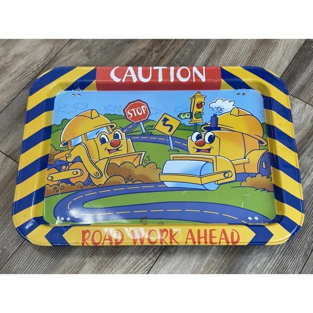 Vintage TV Tray Metal folding legs " Road work ahead" 17x12